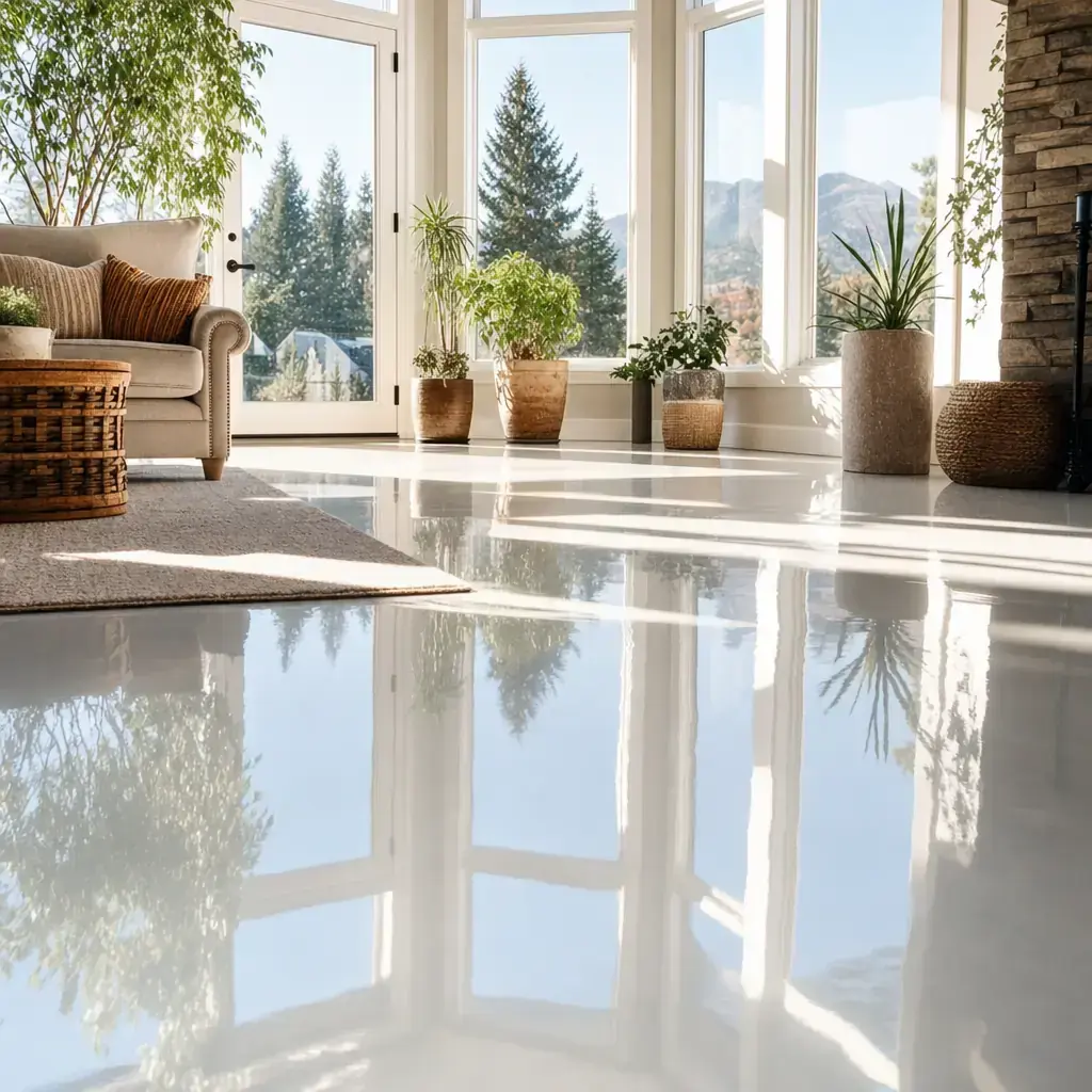 a glossy coated floor in a bright sunroom