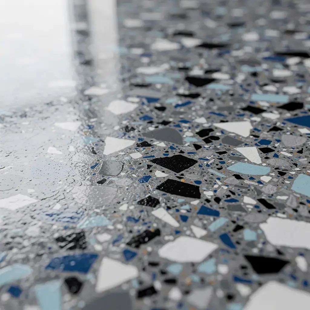 a close view of blue and black epoxy flake chips