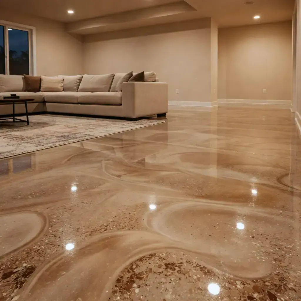 a copper-toned metallic floor in a living room
